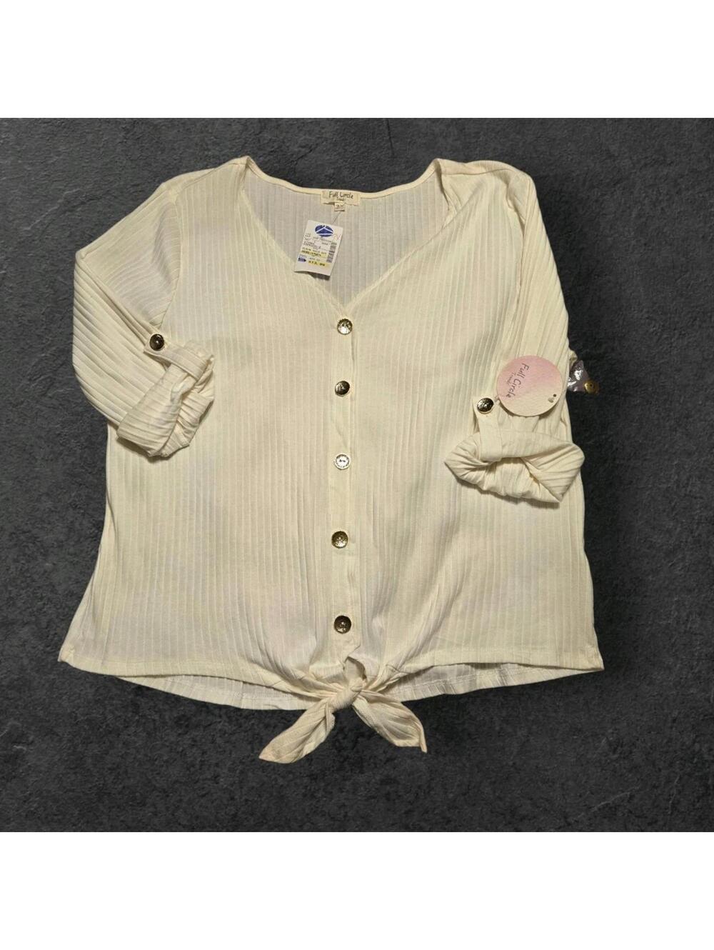 Full Circle Trends Cream Ribbed Knit Button-Front Tie-Hem Top Size 3XL NWT